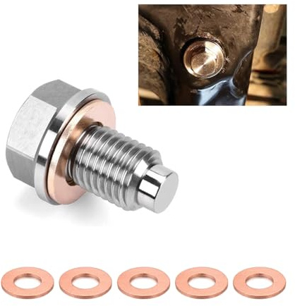 Dickno M14×1.5 Magnetic Oil Drain Plug, Aluminum Sump Drain Nut Bolt with 5 Copper Crush Washer, Universal Leak-proof Replacement Car Accessories for Most Vehicles