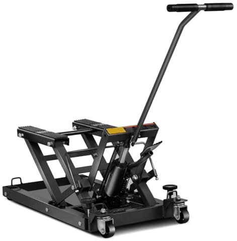 COSTWAY 680kg Hydraulic Motorcycle Lift, Motorbike Jack Lift Table with 14-43cm Adjustable Platform, 3 Positions Safety Locks, T-Handle & 4 Wheels, Foot-Operated Hoist Stand for Quad ATV (Black)