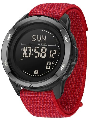 BIEWO Orologio sportivo militare digitale, impermeabile 5 ATM, fitness con bussola, metronomo, calorie, cronometro, corsa, Nylon Rosso, cinturino