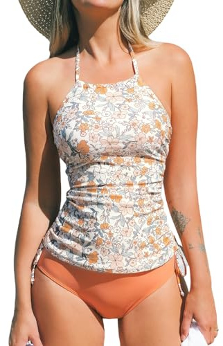 CUPSHE Maillot de bain tankini pour femme - Col haut dos nu halter - Contrôle du ventre - Taille mi-haute - Cordons de serrage réglables - Maillot de bain deux pièces, L