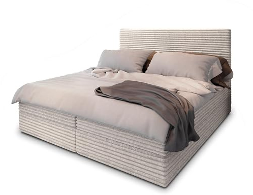 Masseno Boxspringbett PISA 180x200 cm Komplett-Set mit Matratze und Topper, Polsterbett mit Zwei Bettkästen -Creme, TILIA 03
