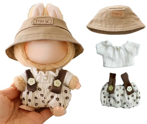 Clothes for Lu bubu 17cm Dolls Accessories(No Doll), Cute Outfit Set 3 Pieces Bib Pants Suitable for 17cm Doll Suit, Stylish Dress Up Overalls Doll Clothing Set Replacement with Hat Clothes Beige