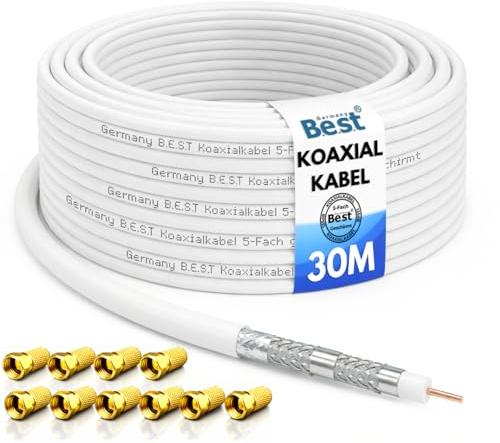 Germany B.e.s.t Koaxialkabel 30m SAT-Kabel | 4K Ultra HD | Class A+ | DVB-S/S2 DVB-C DVB-T BK Anlagen | 5Fach Geschirmt | 135dB | Antennenkabel | Koaxkabel | 10x F-Stecker