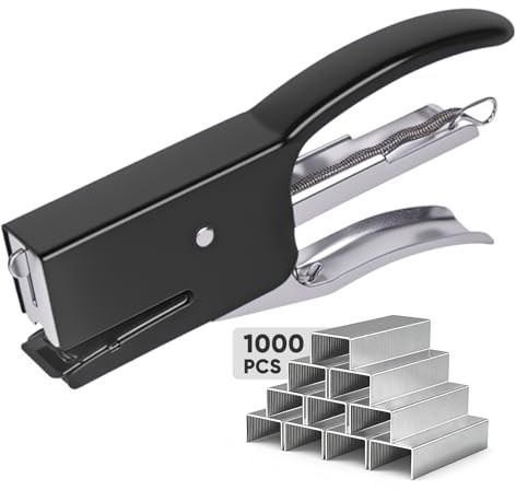 Heavy-Duty Handheld Plier Stapler with 1000 Standard 1/4 Staples, All-Metal Ergonomic Easy Grip Stapler, Smooth Jam-Free for Office, School, Home, Classroom Supplies, Documents, Receipts – Black