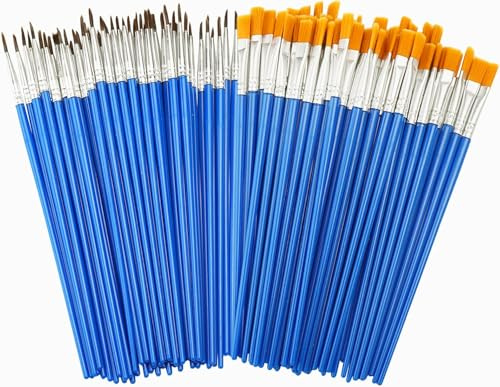Set di 100 pennelli, 50 pennelli rotondi e 50 pennelli piatti piatti piccoli in nylon acrilico pennelli per artisti, pennelli per bambini e adulti, per disegnare, fai da te