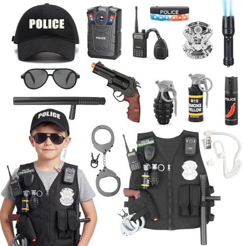 STARRICH Police Costume for Kids – Role Play Dress Up Set with Vest, Handcuffs, Walkie Talkie, Earpiece & Flashing Light – Pretend Play Toy for Boys Girls Fancy Dress Gift