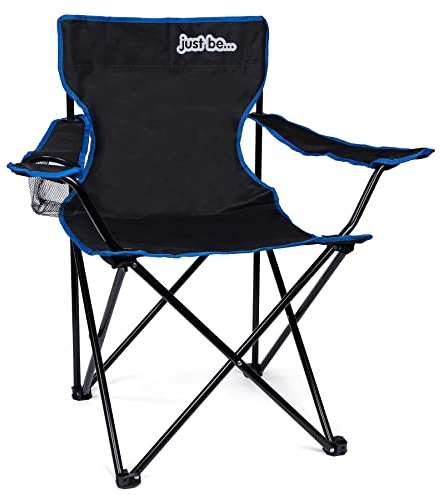 just be... Camping Chair – Lightweight, Foldable & Portable Outdoor Seat with Armrests, Cup Holder & Carry Bag | For Adults & Kids | Garden, Beach, BBQ & Fishing – Black with Blue Trim