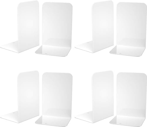 Deefongo White Metal Bookends, 8Pcs Heavy Duty Book Ends for Shelves