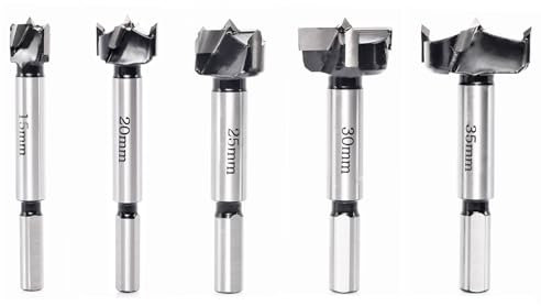 Akylin 5pcs Forstner Drill Bit Set 15/20/25/30/35mm - Carbide Tipped Forstner Bit - Hex Shank Wood Hinge Drilling Hole Saw Cutter, for Auger Opener, Drilling Boring Bit