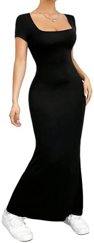 GORGLITTER Women's Square Neck Short Sleeve Maxi Dress Bodycon Pencil Elegant Long Dresses Black Large