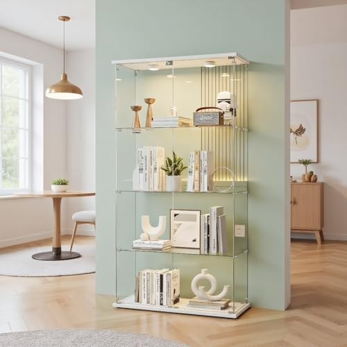 KOOPMAD Vetrina - Vetrina in vetro con luce LED e serratura, Armadio da collezione, Vetrina in vetro per soggiorno, camera da letto, 80 x 36 x 164 cm, 2 ante, 4 ripiani, bianco