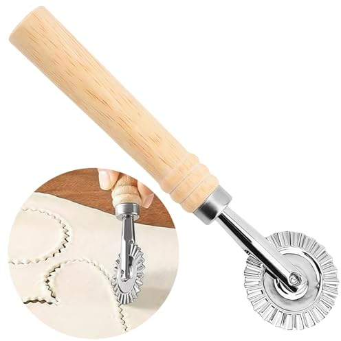 Pasta Cutter Wheel, Zinc Alloy Long Wooden Handle Ravioli Stamp Maker Press Rolling Rotary Cutter Pizza Pastry Tools Fluted Edge Molds Home Attachment Kitchen Gadget Features