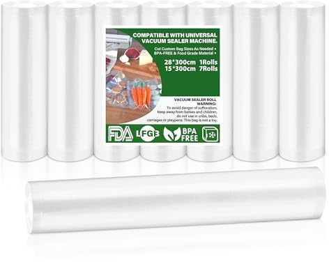Vakuumpåsar 8 rullar Vakuumpuskar Mat 15|28x300cm, Vakuumfolie för alla Vakuumförpackare, Vakuumpåse BPA-fri, rivtålig, 190 µm, Sous Vide fryspåse för alla Mikrovågsugnar