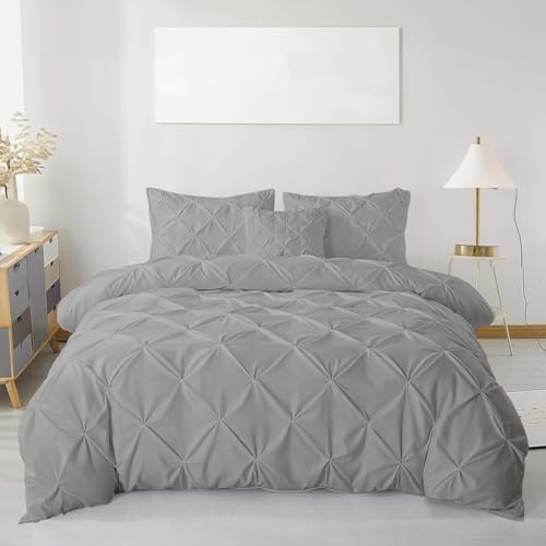 MK Home Textile Pintuck Duvet Cover Set – Luxury Pinch Pleat Bedding with Pillowcases, 100% Soft Microfiber, Wrinkle-Resistant Quilt Cover, Single Double King Super King (Silver, Super King)
