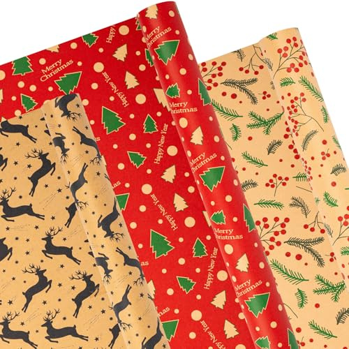 3 Rolls Christmas Wrapping Paper Roll 10m x 43cm Luxury Vintage Xmas Wrapping Paper for Christmas Presents, Recyclable Kraft Traditional Red Green Santa Xmas Gift Paper Rolls for Kids Adults