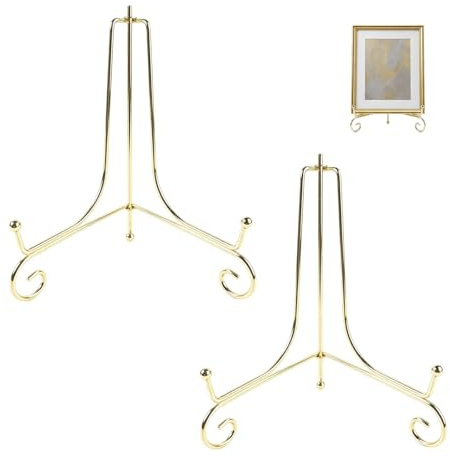 Solvio 2PCS Plate Stand for Display, 8 Inch golden Iron Easel Display Stand, Metal Picture Frame Holder for Decorative Plates, Photos, Artworks and Cookbooks, Adjustable Tabletop Stand for Home Decor