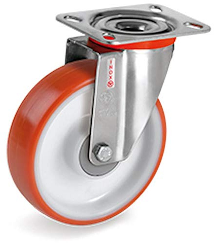Roulette INOX pivotante diamètre 80 mm roue polyuréthane rouge roulement à billes - 130 Kg