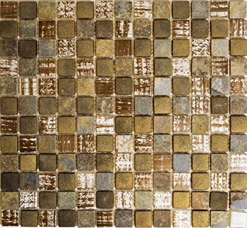 Mosaik kvadrat kristall/stenblandning rustikt glas natursten kakelspegel, mosaiksten format: 23 x 23 x 8 mm, bågstorlek: 300 x 325 mm, 10 ark