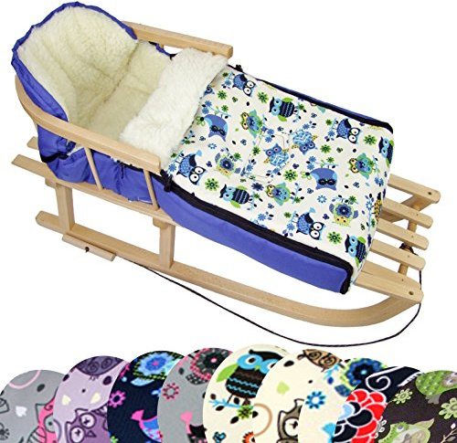 BambiniWorld Kombi-erbjudande träsläde med ryggstöd och dragrep universell vinterväska (90 cm), även lämplig för babystol, barnvagn, barnvagn, buggy, av ull i uggledesign (uggla §10)