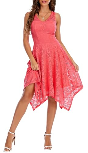 Meetjen Vestido Cóctel Fiesta Dama De Honor Mujeres V-Cuello Sin Mangas de Encaje Floral Asimétrico Coral XL