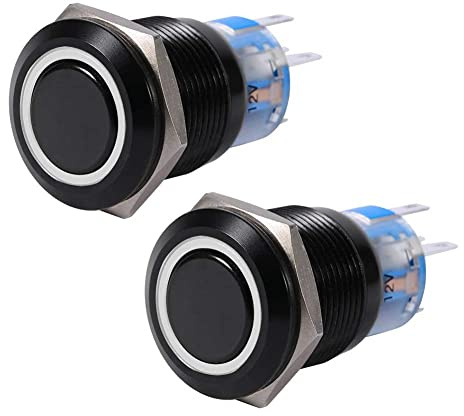 Keenso Pulsante a pressione a LED, 19 mm, 12 V-24 V, in metallo, interruttore autobloccante, impermeabile, 12 V, pulsante a pressione (2 pezzi, bianco)
