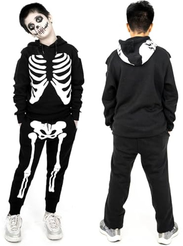 NOROZE Garçons Halloween Squelette Survêtement Sweat à Capuche Pull-Over Joggeur Unisexe Ensemble (13 Ans, Squelette Noir)