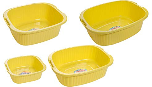 Domplex Juego de 4 Cuencos para Lavar la Ropa a Mano de Diferentes Tamaños y Capacidades: 5L, 10L, 15L, 25L, Hechos de Plástico Polipropileno Muy Resistente, Color Amarilla