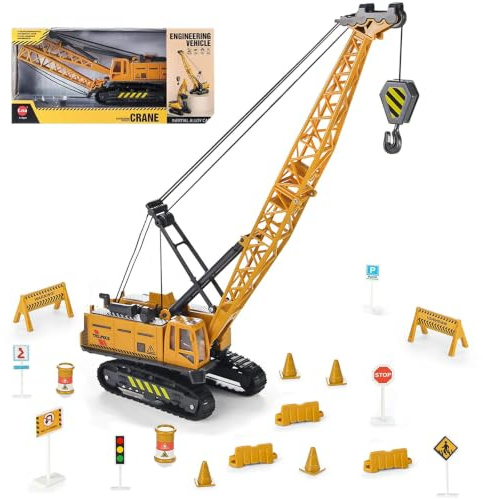 Coolplay Crane Toy Sandbox Truck with Road Sign Set for Kids, 1:55 Construction Truck Toy Vehicle for Boys 3 Years Old