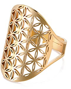 Amaxer Fleur de vie Graines de vie Mandala Géométrie sacrée Noir Tone Bague pour femmes Déclaration creuse réglable Bague à bande en acier inoxydable (Or)