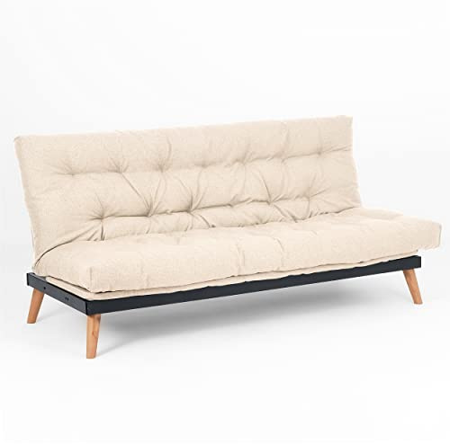 EVERGREENWEB Divano Letto 3 Posti con Materasso Futon Imbottito, Schienale e Testiera Reclinabile Clic Clac e Trasformabile in Comodo Letto una Piazza e Mezza, Tessuto Beige, Gambe in Legno | SAKE