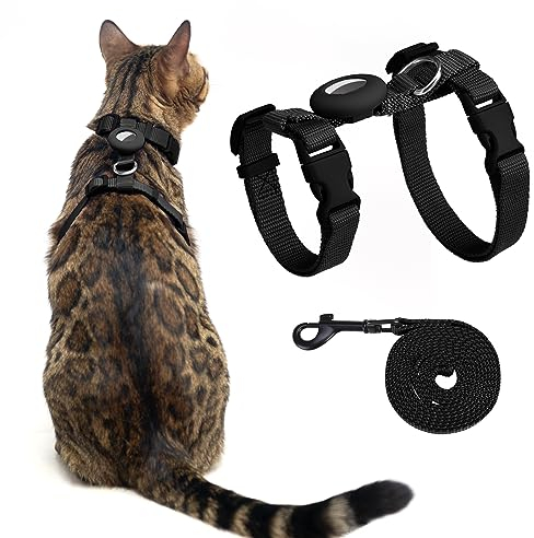 VKPETFR Katzengeschirr und Leine, ausbruchsicher zum Spazierengehen, verstellbares süßes Kätzchen-Geschirr mit Airtag-Halterung für kleine und große Katzen, leicht, weich, für Spaziergänge, Reisen,
