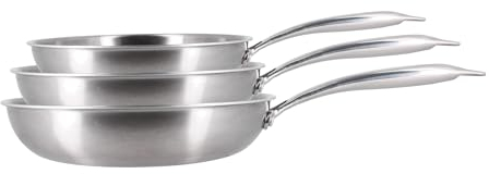 MENASTYL - Lot de 3 poêles inox 18/10 Triply tous feux dont induction fabriquées en France - sans PFAS ni substances nocives - Compatibles lave-vaisselle - 20, 24 et 28 cm - Poignée rivetée - 6014201