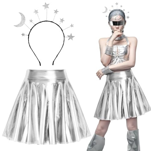 BOFUNX Falda Plateada Disfraz Falda Metalizada Mujer Niña Falda Brillante+Diadema de Estrellas Accesorios Disfraces para Carnaval Fiesta Temática