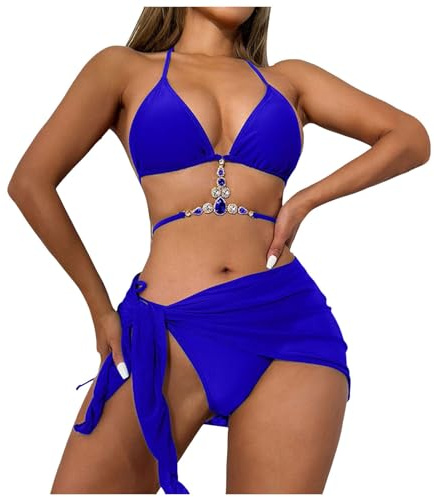 Maillot De Bain Une Pièce Fille Femmes 3 pièces/Ensemble Brillant Strass décor Couleur Unie à Lacets Bikini Ensemble Soutien-Gorge Taille Basse Slips crème Solaire Maillot De Bain Une Pièce (Blue, S)