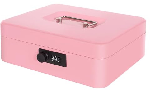 Cash Box with Money Tray and Combination Lock, Metal Money Box for Cash Register Petty Cash Lock Box for Christmas Gift 9.84 x 7.87 x 3.54 Pink