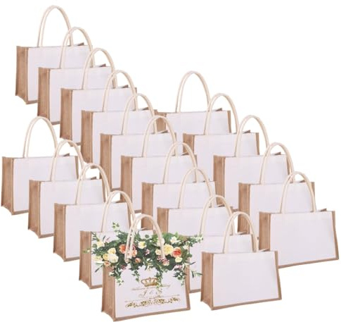 E-Found 20 Pack Burlap Tote Bag, Sublimation Blank Jute Tote for Gift Bag, Beach, Bridesmaid Wedding, Jute Bag for Customizing 12.6 x 8.3 x 5.1 Inch, White Brown