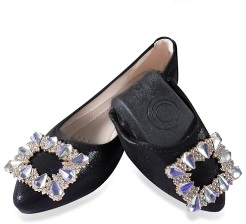 YOUNIFIZ Women's Ballet Flats Soft Pointed Toe Fashion Buckle Wedding Shoes Foldable Sparkly Comfort Slip on Ballerina Walking Flats Pumps (Black-2,Size 8)