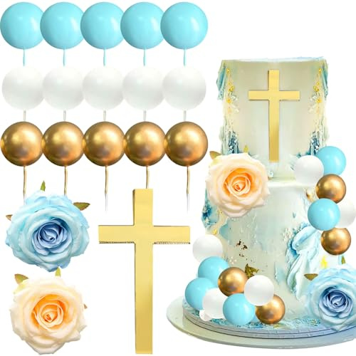 Croix Decoration Gateau, 18pcs Décoration Gâteau Communion, Décoration Gâteau Baptême, Boules Décoration Gâteau, Convient pour le Christianisme, la Sainte Communion, le Baptême, la Baby Shower