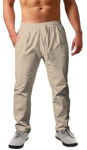 Cegerne Pantaloni Estivi Leggeri da Uomo in Lino Spiaggia Casual con Coulisse Loose, Cachi-2, M