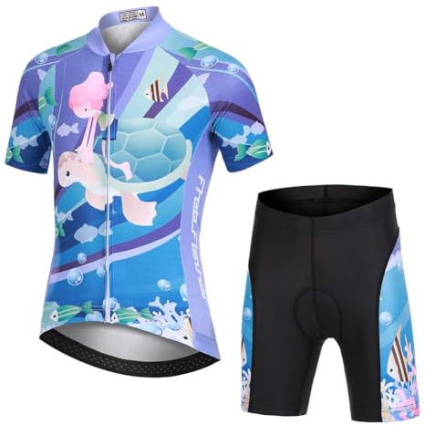 L PATTERN Kinder Radtrikot Set Jungen radsport anzüge (Fahrrad Trikot Kurzarm + Radhose) Mädchen Fahrradbekleidung Anzug mit Sitzpolster, Mädchen auf Schildkröte, 122/128(Tag:M)