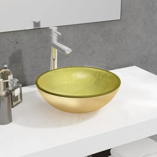 Homvdxl Bathroom Sink, Countertop Wash Basin, Glass Vessel Washing Bowl, Round Counter Top Sink with Drain Hole for Vanity Cabinet Cloakroom, Gold - 35x35x12 cm
