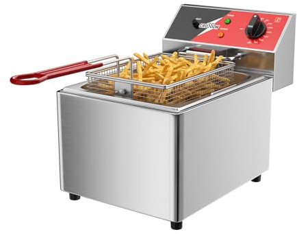 Friteuse électrique CROSSON 8L avec réservoir d’huile amovible et poignée, panier et couvercle en treillis métallique solide, friteuses de comptoir commerciales à usage moyen-230V, 3250W