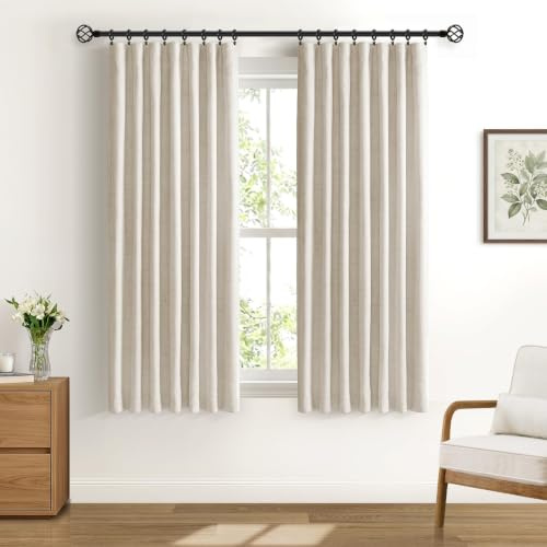 DEFYNEE 100% Blackout Curtains 2 Panels, W50 xL63, Cream Curtains | Faux Linen, Thermal Insulated, 4 Hanging Options, Fits Poles & Tracks, Bedroom & Living Room, 20 Clips Included.