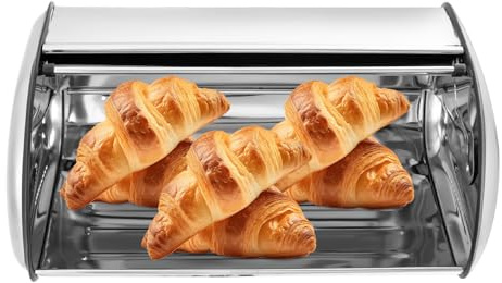 OLKKEFT Stainless Steel Bread Box, Countertop Stainless Bread Box with Roll Top Lid, 17 inch Large Bread Storage Box for Bakeries, Cafes, Pastries