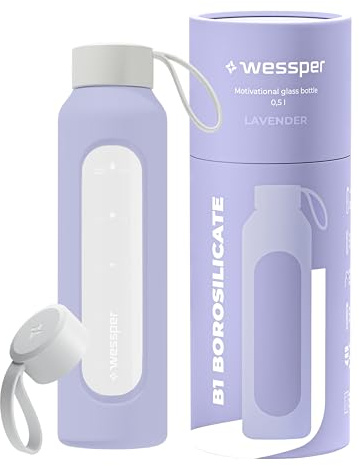 Wessper Botella de Agua Cristal, Botella 500 ml Motivadora con Escala de Hidratación, Botellas de Vidrio Borosilicato con Funda de Silicona, Material Seguro sin BPA - Violeta