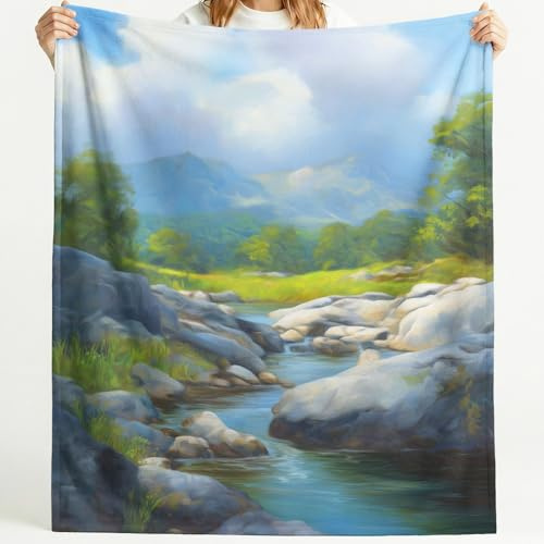 Realistisk natur flanellfilt gosig filt 150 cm x 180 cm, lugn fräsch elegant flod skog landskap supermjuk filt varm fluffig tryckt filt mikrofiberfilt soffpläd