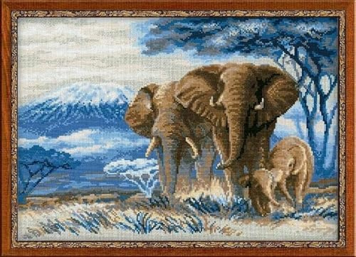 RIOLIS - Elefanti nella Savana 1144, Punto croce 40x30cm, Punto croce kit da ricamare, Disegni da ricamare, Set di ricamo