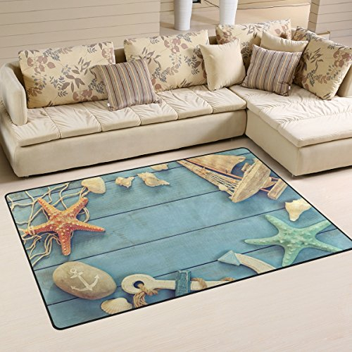 Use7 Teppich mit maritimem Leben, Seestern, Anker, Boot, Muschel, Teppich, rutschfeste Bodenmatte, Fußmatte, Wohnzimmer, Schlafzimmer, 50 x 80 cm