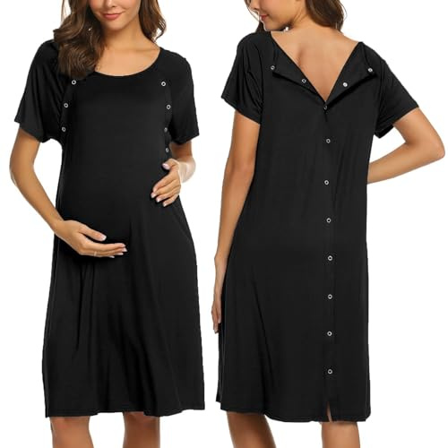 Ekouaer Women’s Nursing/Delivery/Labor/Hospital Nightdress Short Sleeve Maternity Nightgown with Button Black L