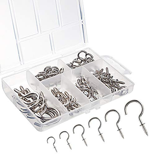 KUUQA 75 Pcs Multi-Size Nickel Plated Metal Ceiling Hooks Screw Cup Hook Holder (Silver)